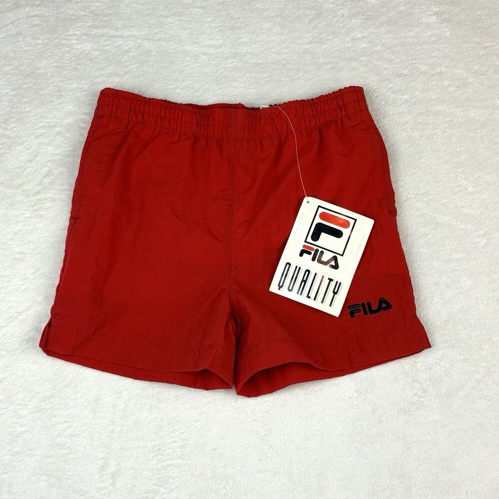 NWT Vintage Y2K FILA Athletic Shorts Youth M Red Nylon Embroidered Logo Pockets